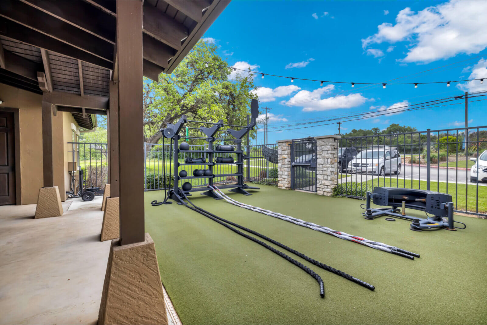 Scenic outdoor gym with fitness equipment